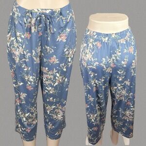 Jaclyn Intimates L Cobalt Blue Floral Capri Pajama Pants Lounge Side Pockets